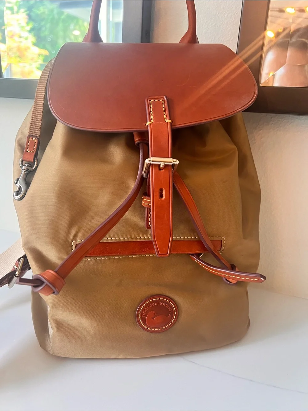 Dooney & Bourke Tan Olive Nylon and Brown Leather top  Old Money Style Backpack